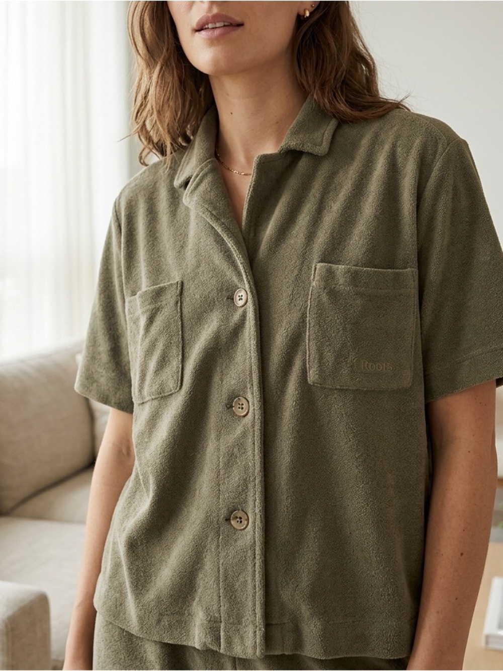 NEW ROOTS Tofino Camp Shirt Terry Towel Rocky Road Moss Green Size Small Relaxed